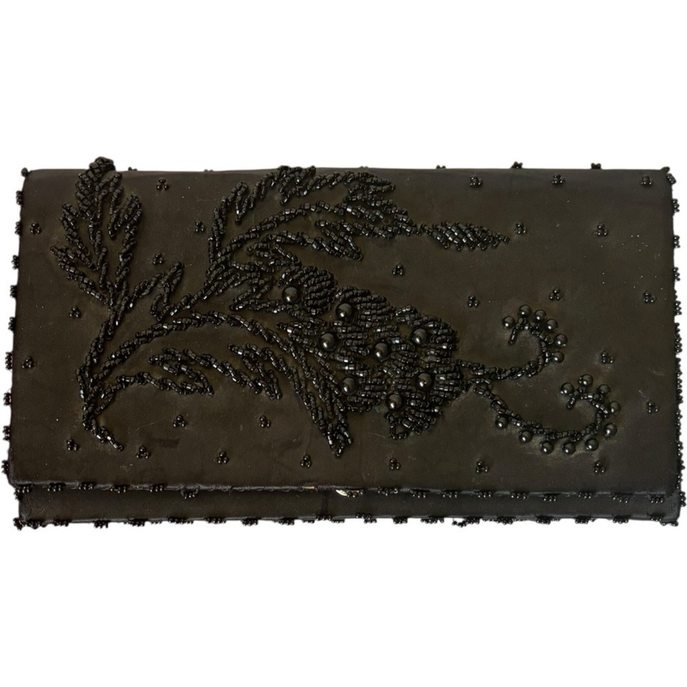 Vintage Hong Kong Hand Made Black Beaded Clutch Bag Satin Snap Closure 60s 70s